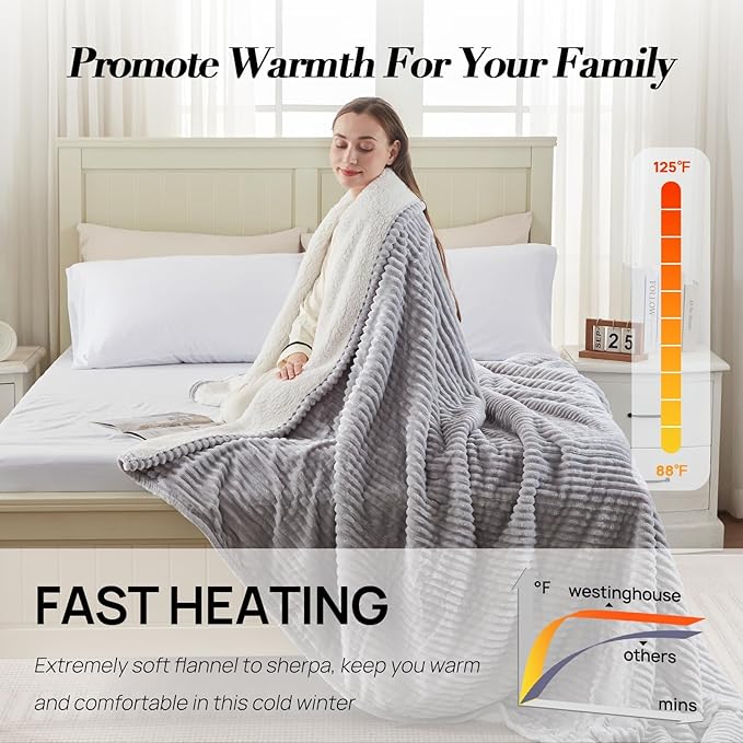 Westinghouse King Size Heated Blanket, Soft Flannel to Sherpa Reversible Electric Blanket King Size with 10 Heating Levels & 1-12 Hours Auto Shut Off, Machine Washable, (100" x 90", Light Grey)