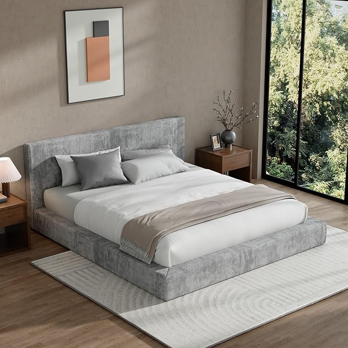RECCI Cloud Upholstered Queen Bed Frame with Headboard, 5 Inch Foam Padded Platform, No Box Spring, Easy Assembly (Moon Grey)
