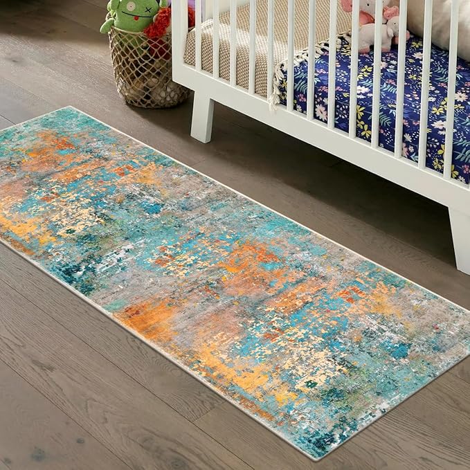 Lahome Modern Abstract Runner Rug - 2x7 Washable Hallway Rug Colorful Kitchen Carpet with Rubber Backing, Contemporary Soft Non Slip Indoor Floor Accent Mat for Bedroom Laundry Room Bathroom RV