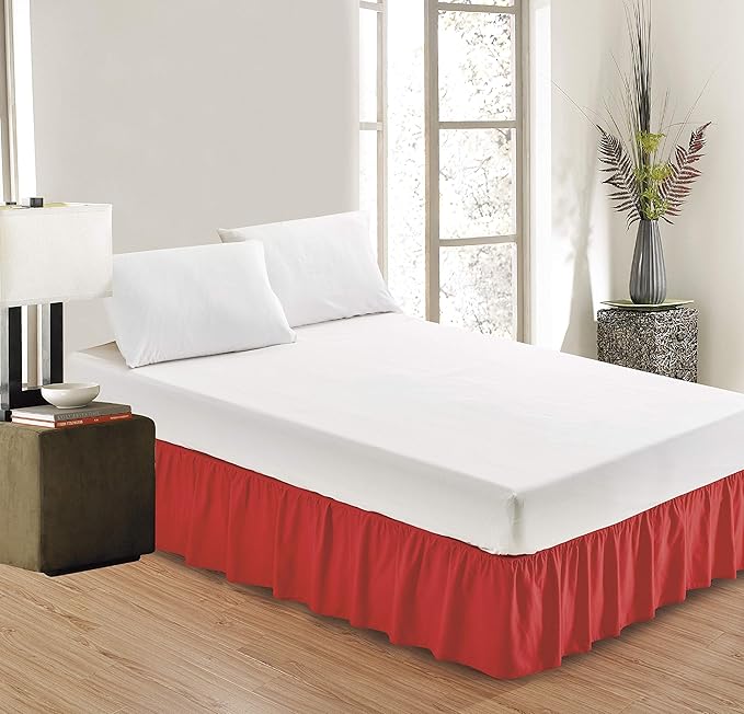 Sheets & Beyond Wrap Around Solid Microfiber Luxury Hotel Quality Fabric Bedroom Gathered Ruffled Bedding Bed Skirt 14 Inch Drop (Queen, Red)