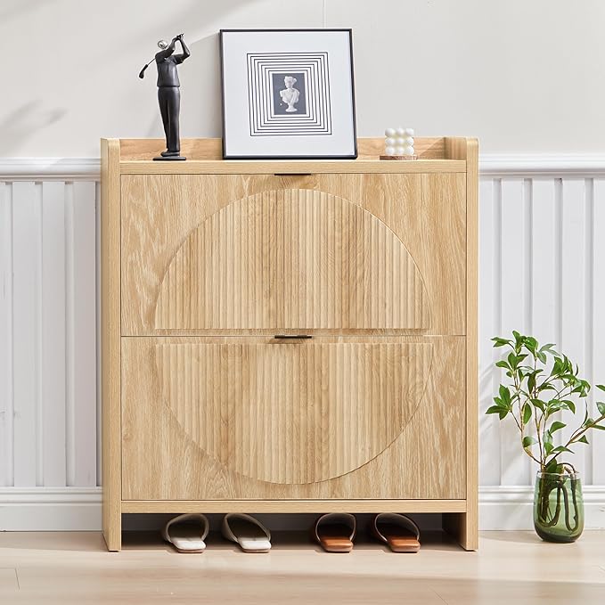 Narrow Shoe Cabinet with 2 Flip Drawers for Entryway,Wood Slim Shoe Rack Cabinet, Freestanding Hidden Shoe Storage Organizer, Space-Saving, Round Fluted Pattern for Hallway, Living Room (Natural)