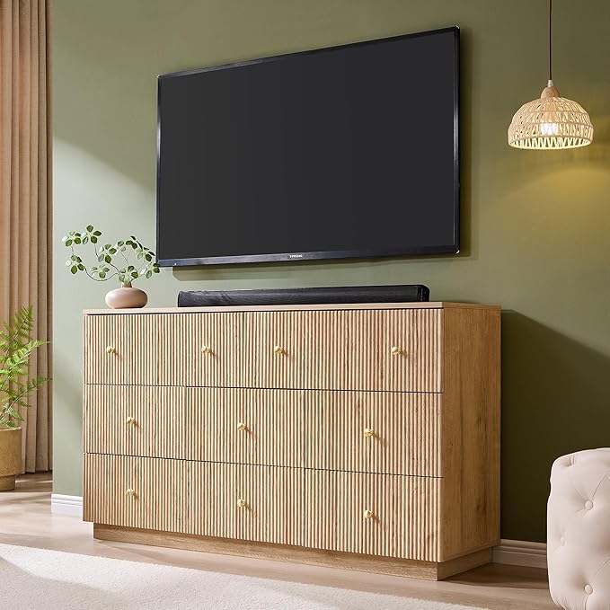 Fluted Dresser for Bedroom, 55" W 8 Drawer Dressers, Wood Tall Dresser Storage Organizer, Modern Bedroom Chest of Drawers with Deep Storage for Closet Hallway, Entryway, Living Room Natural