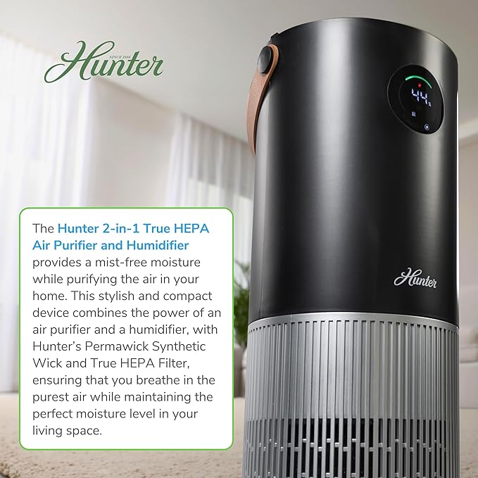 Hunter Fan Company Humidifier and Air Purifier In One, Advanced Filtration Air Purifiers for Home, Air Purifiers for Home Pets, Humidifiers for Bedroom and Humidifiers for Bedroom Baby, Black/Silver