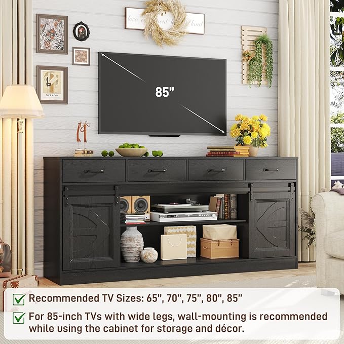 70” Large Long Buffet Sideboard Cabinet w/4 Drawer,Farmhouse Buffet Storage Cabinet,Sliding Door,Buffet Coffee Bar Cabinet, Credenza for Living Room,Black
