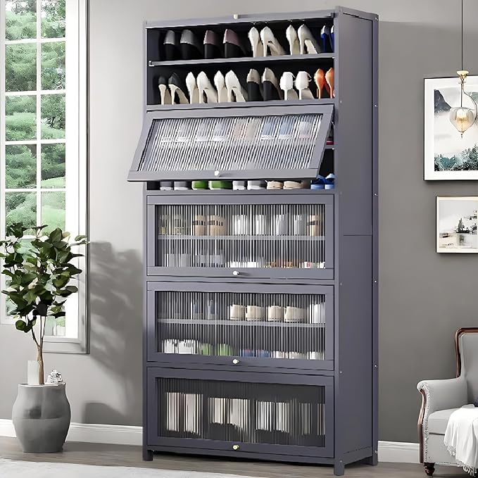 Tall Shoe Cabinet with Clear Doors, Large Capacity Bamboo Shoe Cabinet, 40-45 Pairs Shoe Rack Organizer for Closet Entrance, Hallway, Living Room, Bedroom