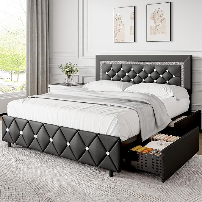BarnFurin Full Size Bed Frame with LED Lights, Upholstered Bed Frame with Storage Drawers, Modern Platform Bed with Diamond Headboard and Footboard, No Box Spring Needed, Black