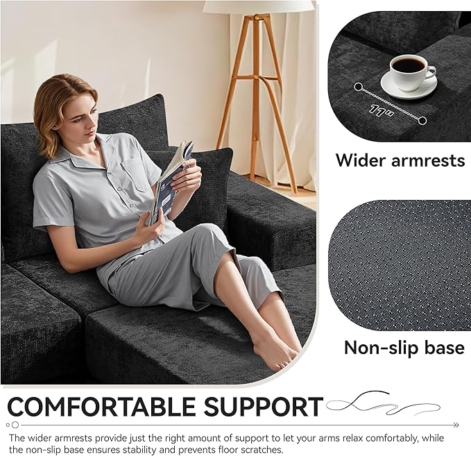 Boneless Modular Sectional Loveseat Couch with Ottoman, Convertible Floor Sleeper Sofa Bed, Comfy Foldable Compression Love Seat Sofa for Living Room, No Assembly, Black