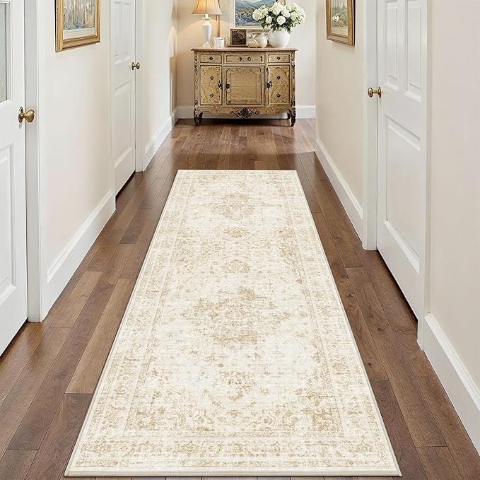 2x6 Hallway Washable Runner Rug Vintage Non-Slip Soft Kitchen Mat Boho Medallion Distressed Farmhouse Carpet Floral Low Pile Indoor Throw Rug for Entryway Bathroom Living Room Bedroom, Beige