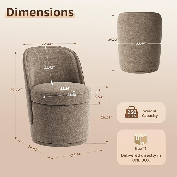 Swivel Accent Chair, 360° Swivel Chair with Hidden Storage, Vanity Chairs, Modern Small Barrel Swivel Armchair for Living Room/Bedroom, Brown