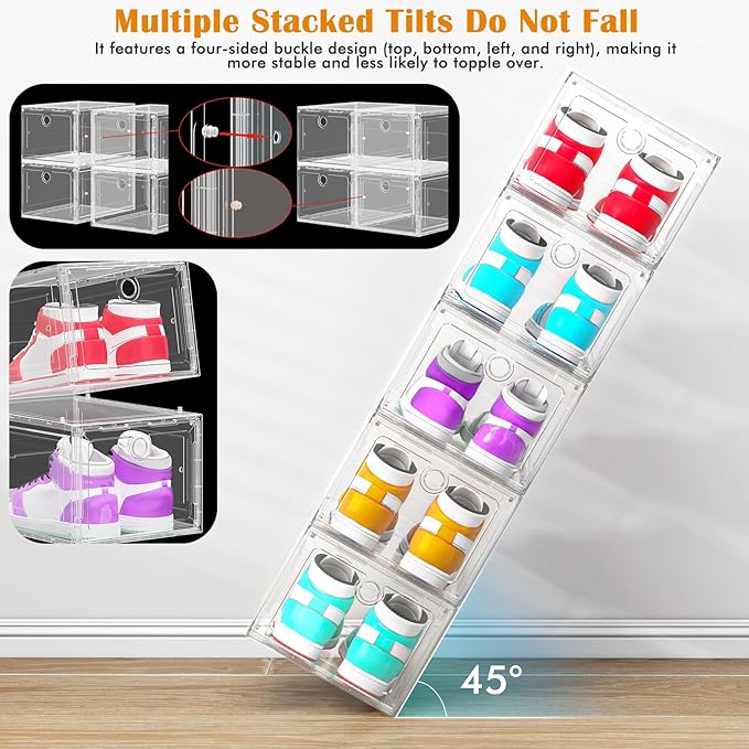 6 Pack Upgrade Harder Shoe Organizer, Shoe Storage with Magnetic Front Door, Clear Shoe Boxes Foldable Space-Saving Shoe Rack for Sneaker Boot Container, White