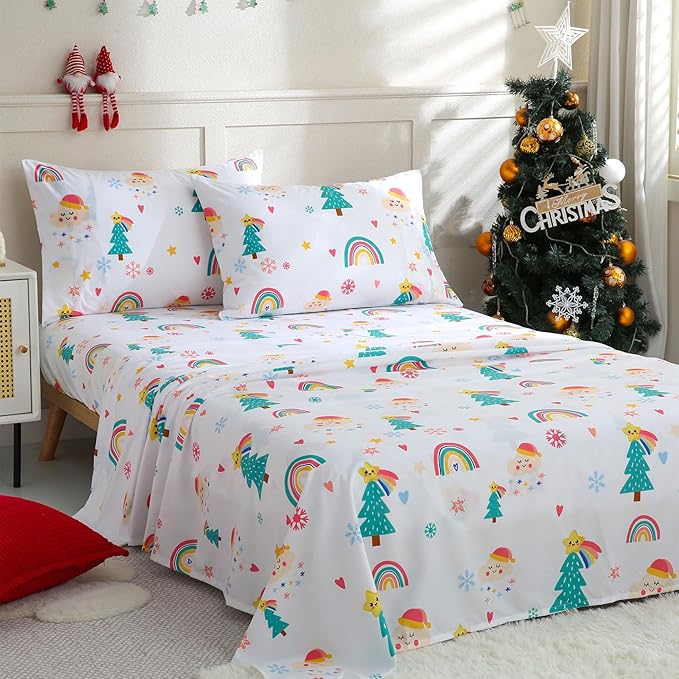 JSD Christmas Kids Sheet Set Full Size, 4 Piece Rainbow Christmas Tree Printed Microfiber Bed Sheets Deep Pocket