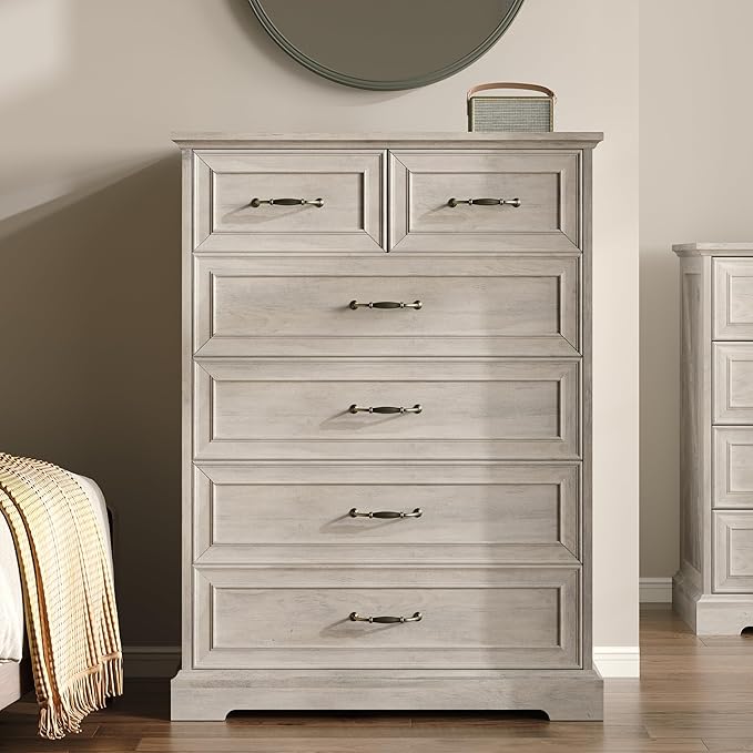 Farmhouse 6 Drawers Dresser for Bedroom, 43" Tall Wood Chest of Drawers with Deep Drawers & Bar Handles, Modern Dresser TV Stand, Rustic Wooden Closet Storage Organizer for Living Room, Hallway, Grey