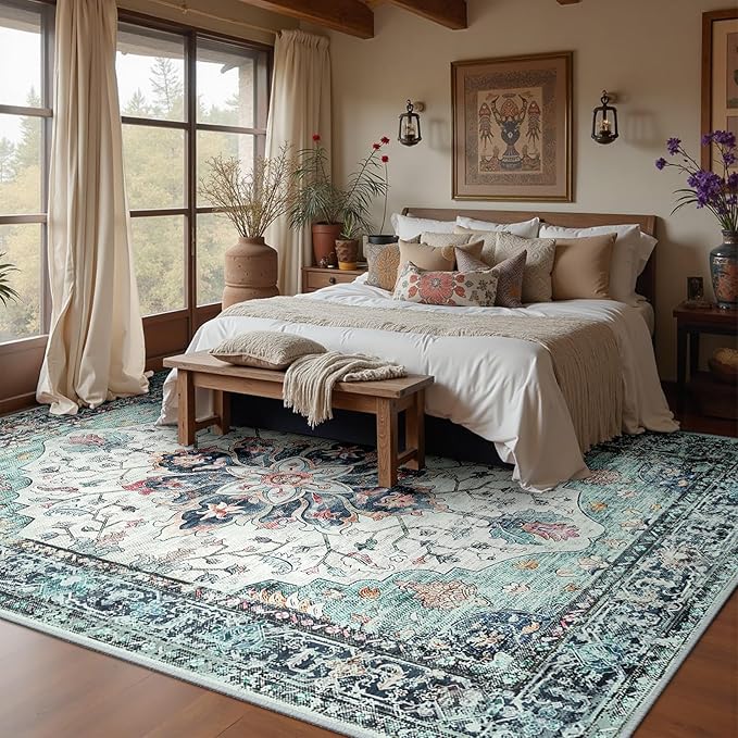 Area Rugs 10'x14' Washable Non-Slip, Floral Vintage Distress Print Pattern Medallion Carpet for Living Room Bedroom Dining Room, Green Navy Blue White Red Teal Colorful