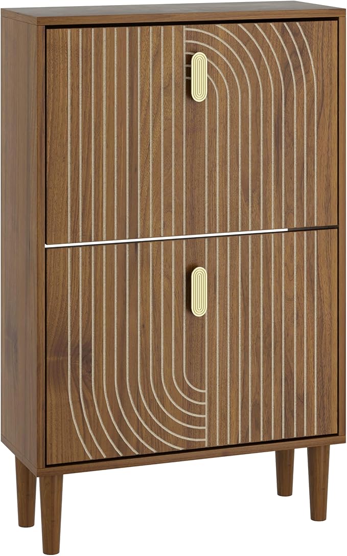 Smuxee Shoe Cabinet with 2 Flip Drawers, 23.6" Walnut Hidden Shoe Storage Cabinet with Line Groove Design, Freestanding Shoe Organizer Cabinet for Entryway, Hallway, Living Room