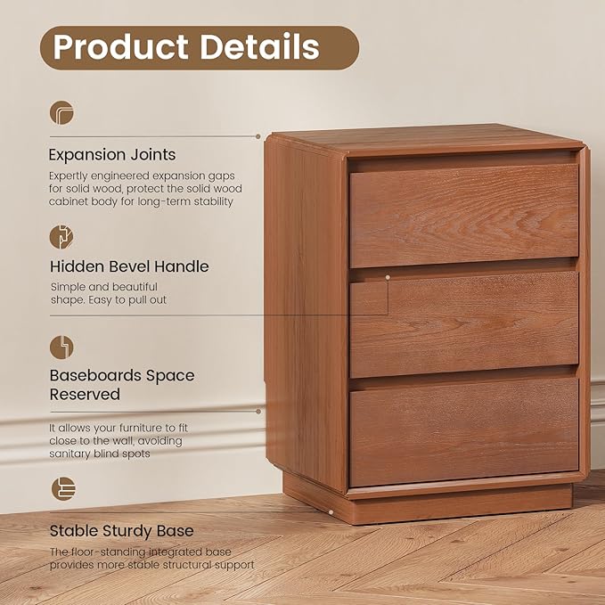 Solid Wood Nightstand Set of 2, Natural Wood Night Stand with 3 Drawers, Mid Century Modern Nightstand with Storage, Bedside Table for Bedroom, Office, Brown