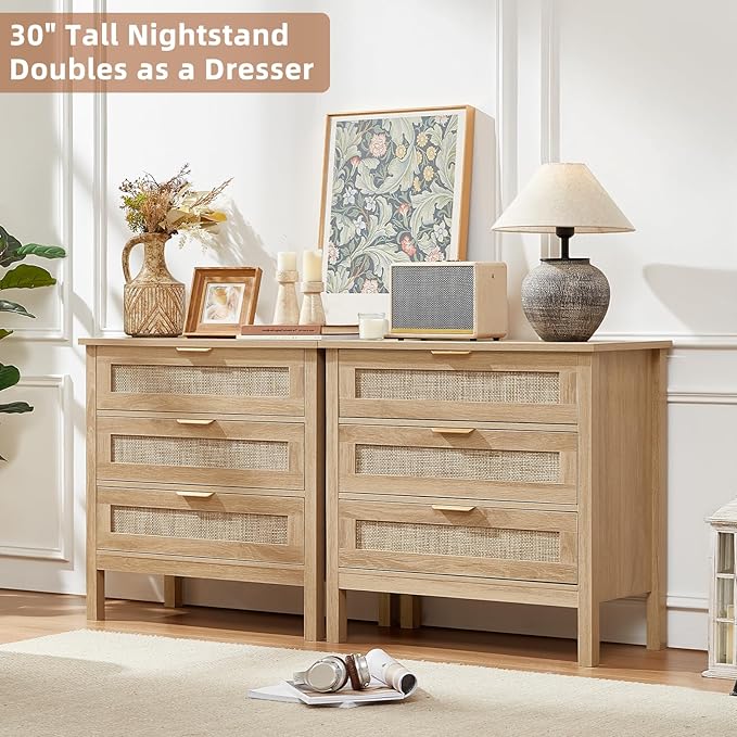 LEYAOYAO 31.5" Wide Rattan Nightstand, Large Boho 3 Drawer Night Stand, Natural Wood Bedside Table with Storage, Tall Bed Side End Tables, Chest of Drawers Dressers for Bedroom, Living Room, Hallway
