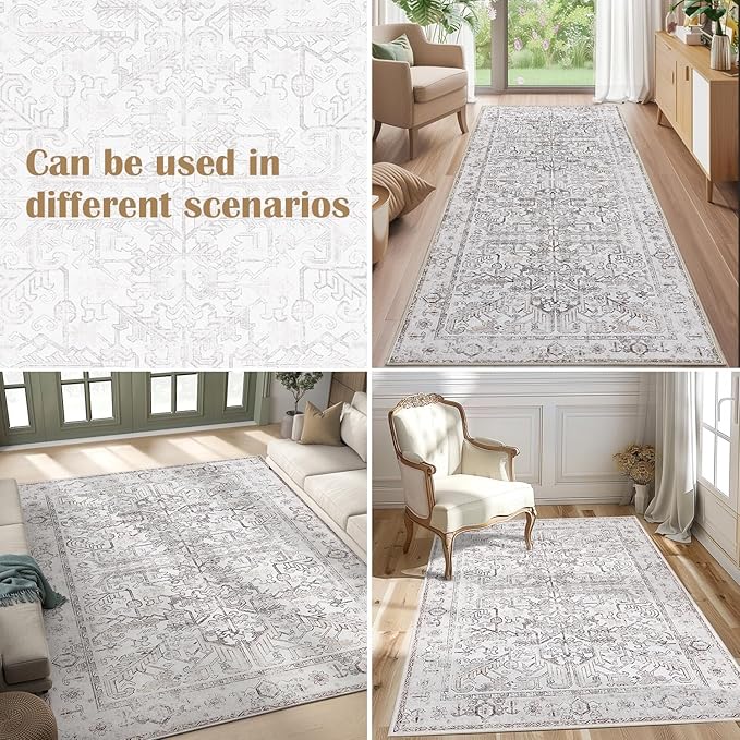 jinchan Lima Kitchen Runner Rug 2x8-2pcs, Bohemian Hallway Washable Rug Floral Non Slip with Rubber Backing Vintage Carpet Runner for Bedroom Bathroom Laundry Room Living Room Beige