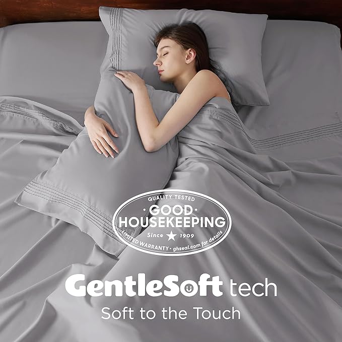 Bedsure Deep Pocket Twin Sheets Set - Fits Mattresses Up to 21 Inches Thick -3 Piece GentleSoft Bed Sheets, Moisture Wicking, Soft & Cooling Bedsheet & Pillowcases, Easy & Secure Fit, Light Grey