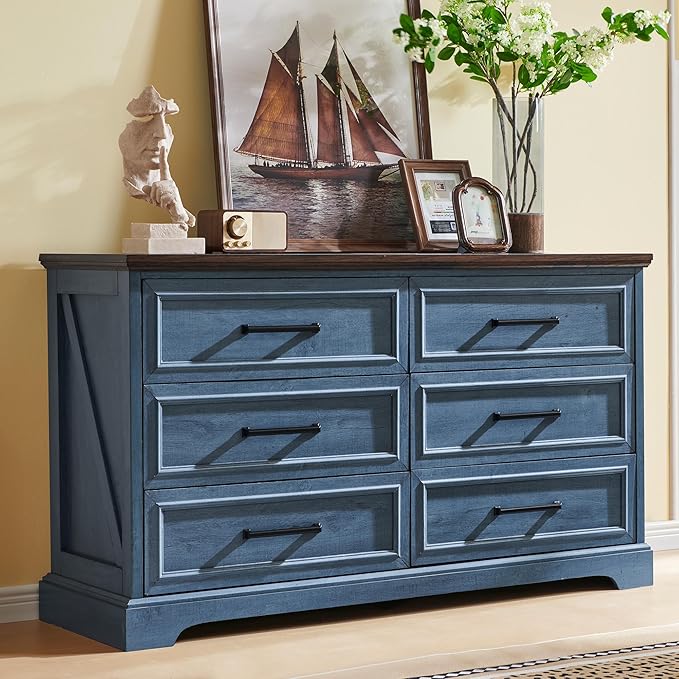 JXQTLINGMU Farmhouse 6 Drawers Dresser for Bedroom, 52'' Wide Large Wood Dressers with Bar Handles, Chests of Drawers with Storage Dressers Organizer for Bedroom, Hallway, Blue