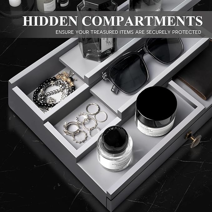 EOSAHR Modern Wooden Cologne Organizer for Men - 3 Tier Perfume Organizer with Storage Drawer and Hidden Compartment - Ideal Gift for your Boyfriend or Dad (Gray)