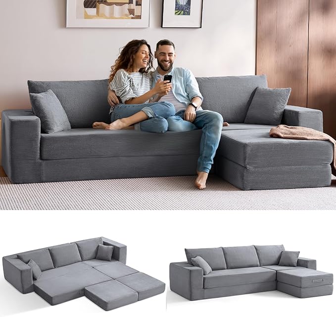 LINSY HOME Convertible Sofa Bed with 2 Pillows & Ottoman, Boneless Couch Folding Modular Sectional Sleeper Sofa, L Shaped Sofas Corduroy Couch Bed Compression Sofa for Living Room Apartment, Grey