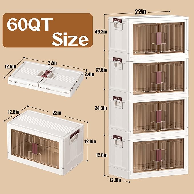60GAL/240QT 4 tier large stackable storage bins with lid and wheels, collapsible storage bins plastic with doors，suit for clothes, closet, home and office