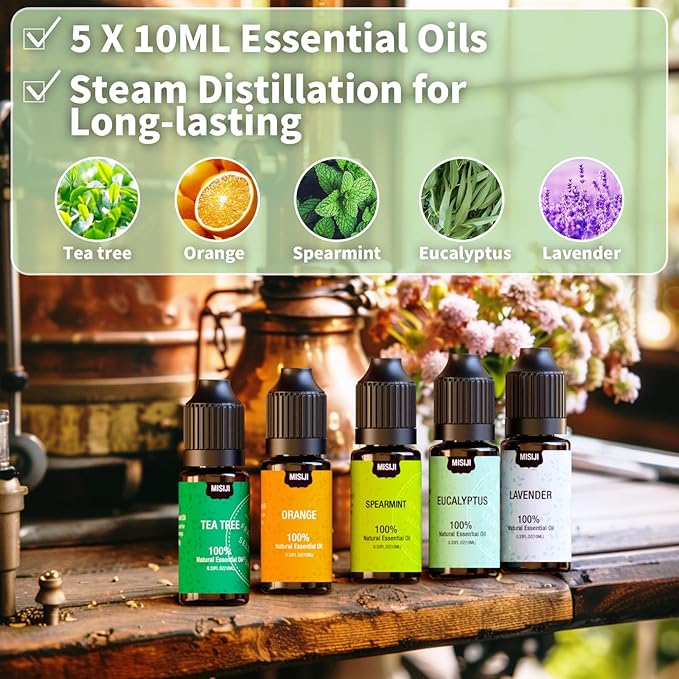 Essential Oils for Diffuser for Home, Top 5 Aromatherapy Oils,Candle&Soap Making,10ml（Orange, Lavender, Peppermint, Eucalyptus, Tea Tree）