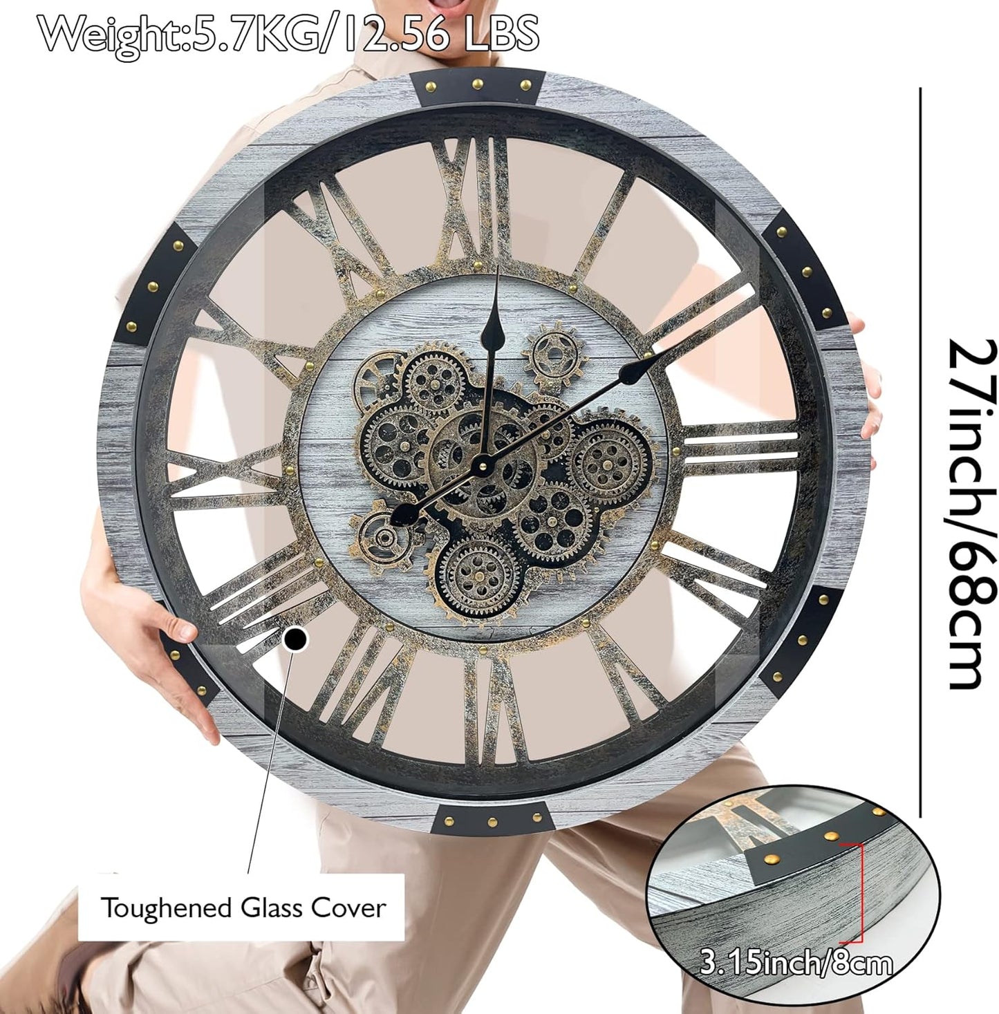 DORBOKER 27" Original Moving Gears Wall Clock, Large Industrial Wall Clock for Living Room Decor, Retro Metal Solid Wood Vintage Farmhouse Steampunk Rustic Clocks for Wall Decor,Silver Grey