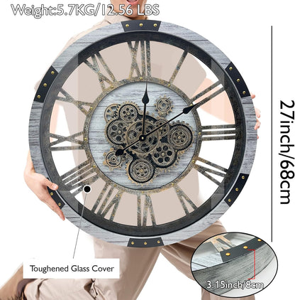 DORBOKER 27" Original Moving Gears Wall Clock, Large Industrial Wall Clock for Living Room Decor, Retro Metal Solid Wood Vintage Farmhouse Steampunk Rustic Clocks for Wall Decor,Silver Grey