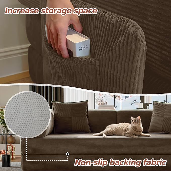 78.8" Convertible Futon Sofa Bed,Corduroy Futon Couch with Storage Pocket,Folding Pull Out Sofa,No Assembly Boneless Couch for Living Room,Brown