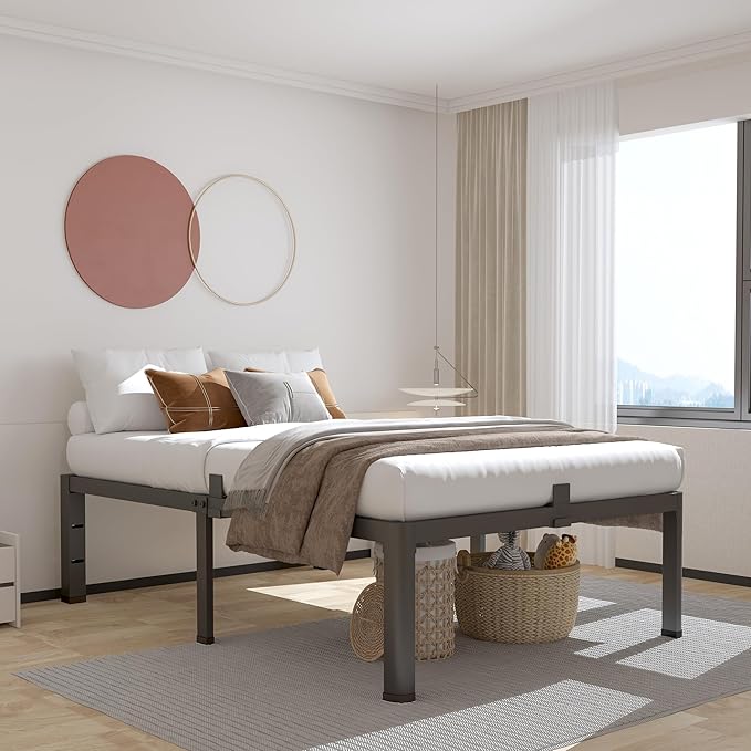 ROIL 18 Inch Twin Bed Frame with Rounded Corner and Headboard Hole Mattress Retainers 3500LBS Metal Heavy Duty Steel Slats No Box Spring Needed Platform Noise-Free Easy Assembly