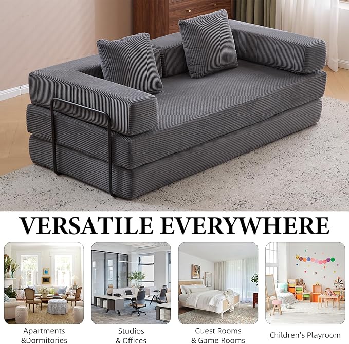 4-in-1 Convertible Folding Sleeper Sofa Bed, Fold Out Floor Sofa Couch with Fixed-Shape Frame, Cloud Corduroy Foldable Mattress Couch for Living Room Bedroom (77" Corduroy, Dark Grey)
