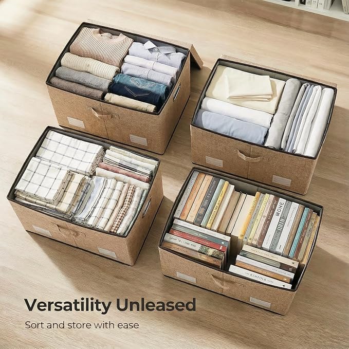PRANDOM Storage Bins with Lids [3-Pack] Jute Fabric Foldable Storage Boxes Organizer Containers Baskets Cube with Cover for Home Bedroom Closet Office Nursery khaki（23.4X15.9X11.5