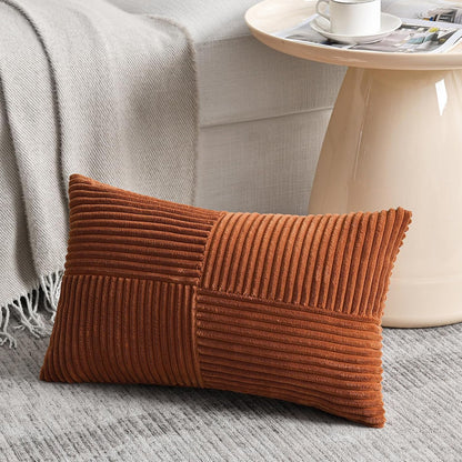 Fancy Homi 2 Packs Rust Lumbar Decorative Throw Pillow Covers 14x24 Inch for Couch Bed Sofa, Rustic Farmhouse Boho Home Decor, Soft Striped Corduroy Rectangle Accent Terracotta Cushion Case 35x60 cm