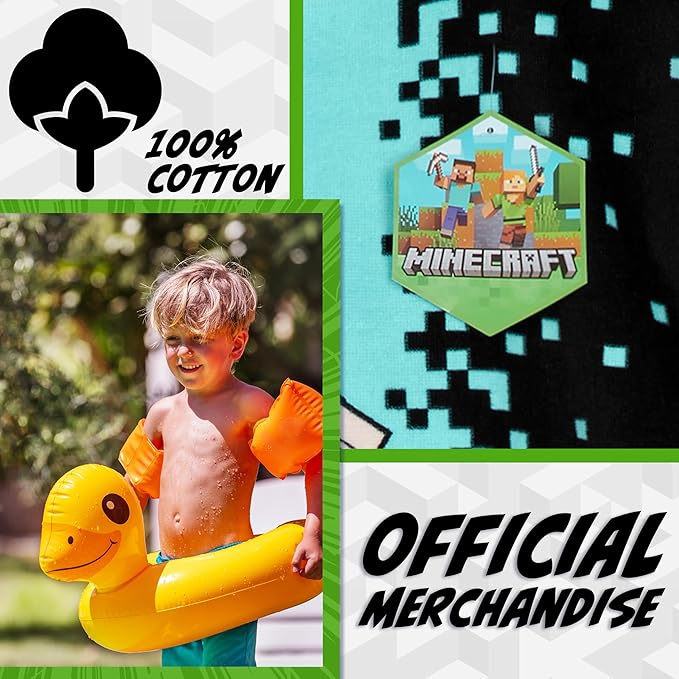 Minecraft Towelling Poncho Kids Teens Hooded Bath Towels Absorbent Beach Towel (Black/Blue, 6-9 Years)