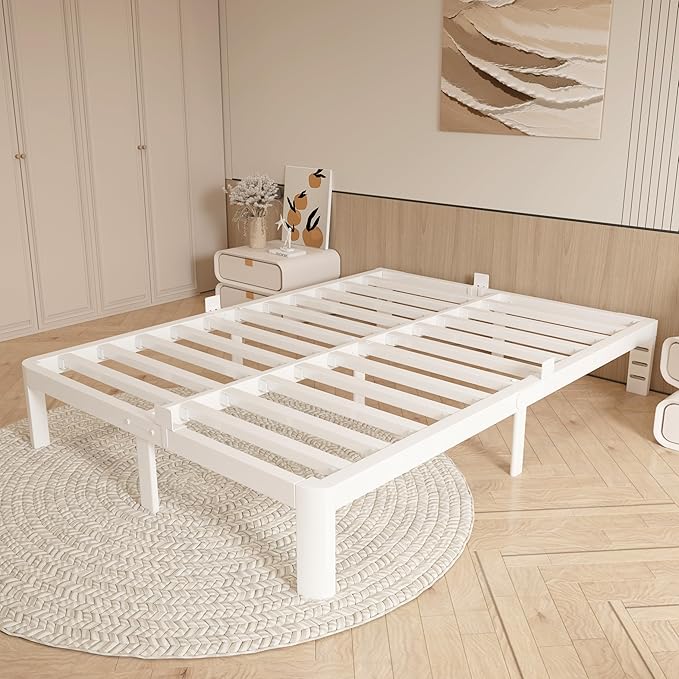 12 Inch King Size Bed Frame with Metal Gaskets, Anti-Slip Mattress Stopper, Platform Bed Frame No Box Spring Needed, Heavy Duty Steel Slat Support, Easy Assembly, White