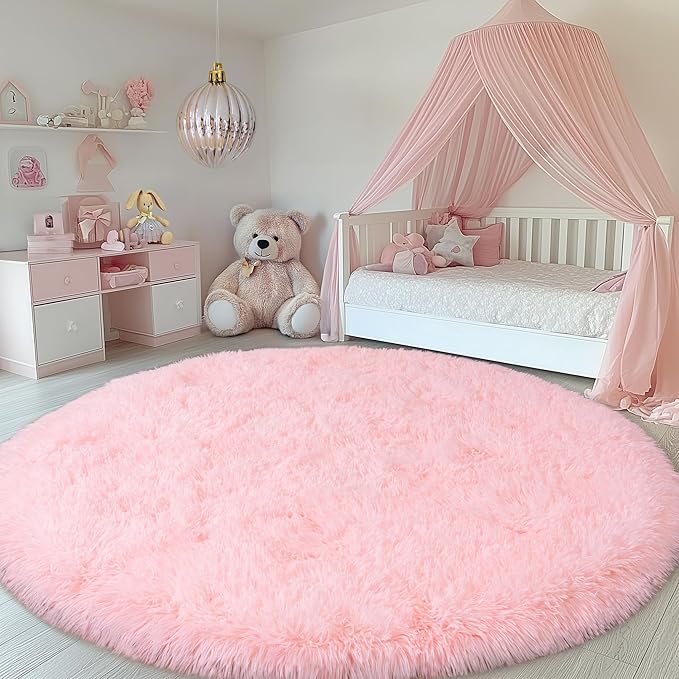 Round Pink Rug for Bedroom, 7ft Circle Area Rugs for Living Room, Soft Fluffy Shag Carpet for Girls Teen Nursery Room Dorm Home Decor Aesthetic