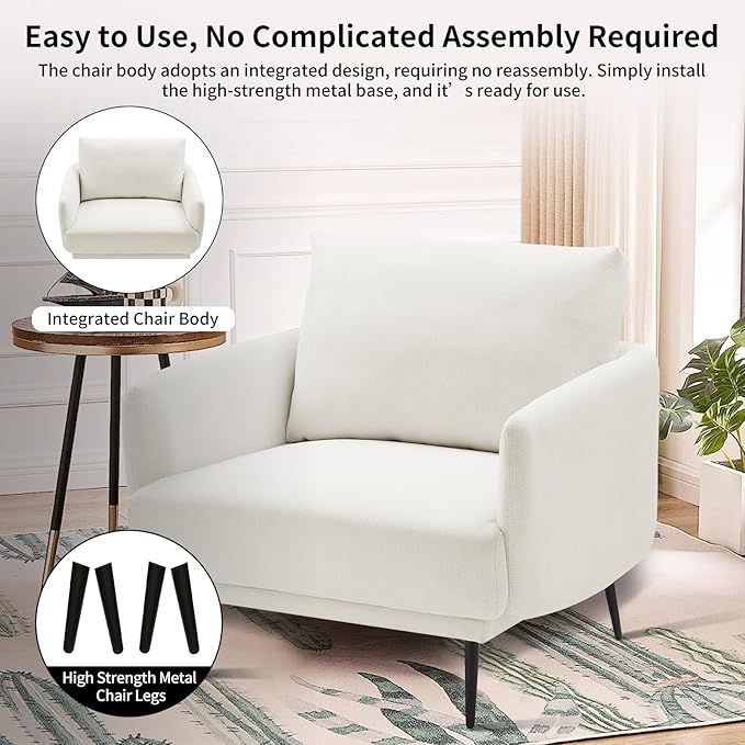 Oversized Accent Chair for Living Room Cozy Reading Chairs Mid-Century Modern Accent Chairs Armchair with Metal Legs Single Sofa Chair for Home Office (1-PCS, Polyester Fabric- Pearly White)