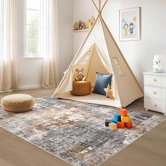 Area Rug Living Room Rugs - 4x6 Abstract Small Soft Indoor Washable Rug Neutral Modern Low Pile Carpet for Bedroom Dining Room Farmhouse Home Office - Grey Brown