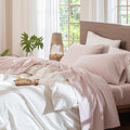 MooMee Bedding Sheet Set 100% Washed Cotton Linen Like Textured Breathable Durable Soft Comfy (Heathered Greyish Pink, Full)