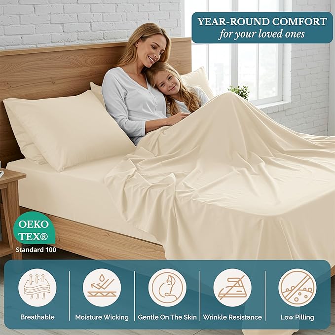 Casa Platino Twin XL Size Bed Set, 3 Piece Set (Flat, Fitted and 1 Pillowcase) – Pre-Washed Soft Brushed Microfiber – Fade Resistant Twin XL Sheet Set with Deep Pockets – Ivory
