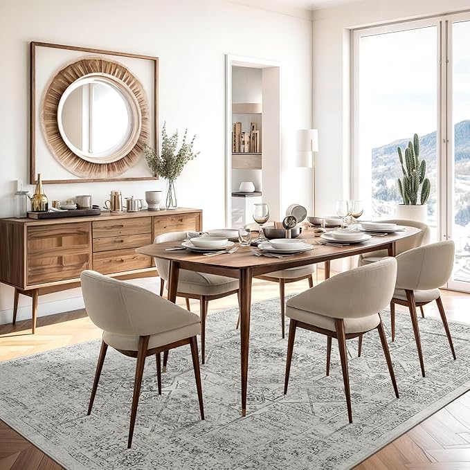 5x7 Area Rugs Grey Low Pile Indoor Washable Trendy Faded Style Floral Rugs for Bedroom Living Room Dining Room Foldable Non-Slip Thin Print Mat
