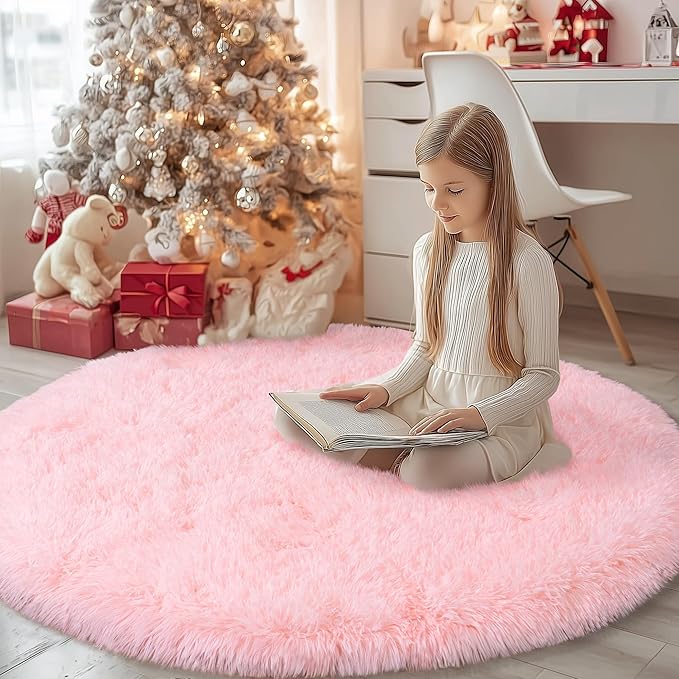 Round Pink Rug for Bedroom, 6 ft Circle Area Rugs for Living Room, Soft Fluffy Shag Carpet for Girls Teen Nursery Room Dorm Home Decor Aesthetic