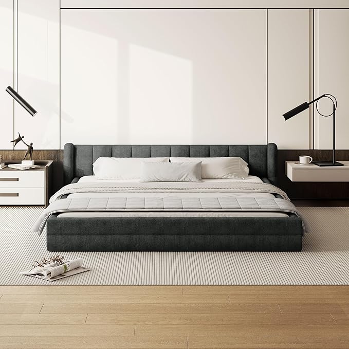 DEINPPA King Size Bed Frame with Cloud Soft Headboard, Chenille Upholstered Grounded Wood Base Bed Frame, No Box Spring Needed-Dark Grey