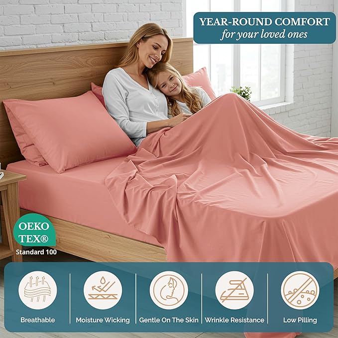 Casa Platino Bedding King Sheet Set – 4 Piece Set, Pre-Washed Ultra Soft Sheets, Deep Pocket Sheets, Cooling Bed Sheets, Brushed Microfiber, Cozy & Smooth Finish, 15" Fit for King Bed - Rose Dawn