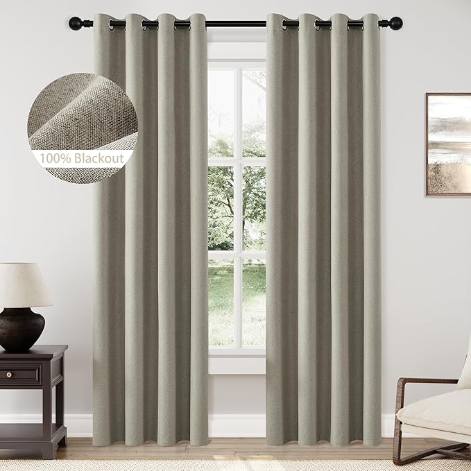 ChrisDowa 100% Blackout Sand Solid Curtains 96 Inches Long 2 Panels for Bedroom Living Room,Farmhouse Room Darkening Thermal Insulated Soundproof Grommet Top Window Treatment Drapes,52x96