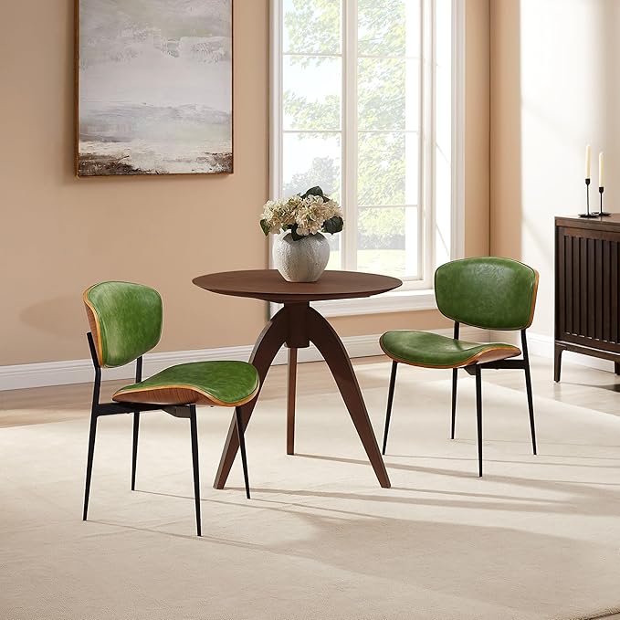 Art Leon Faux Leather Dining Chairs - Set of 2 Mid Century Modern Desk Chair No Wheels, Armless Accent Chair with Black Metal Legs, Green/Walnut