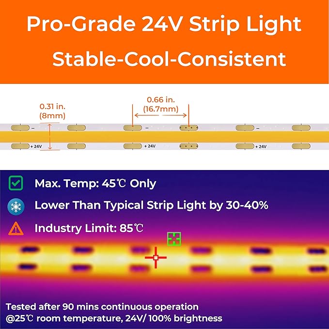 COB LED Strip Lights 2700K, 24V DC Tape Light with Strong 3M VHB Tape, CRI 95, UL Listed, Cuttable, Dimmable, 3W/FT for Bars, Restaurants, Hallways, Cozy Ambiance (NO Power Supply)