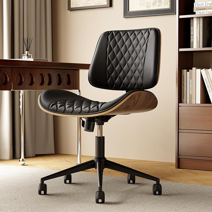 Home Office Desk Chair with Wheels, Armless Adjustable Height PU Leather Office Chair, Mid Back Ergonomic Computer Chair, Walnut Curved Seat Design No-Arm Chair (Half-Black)