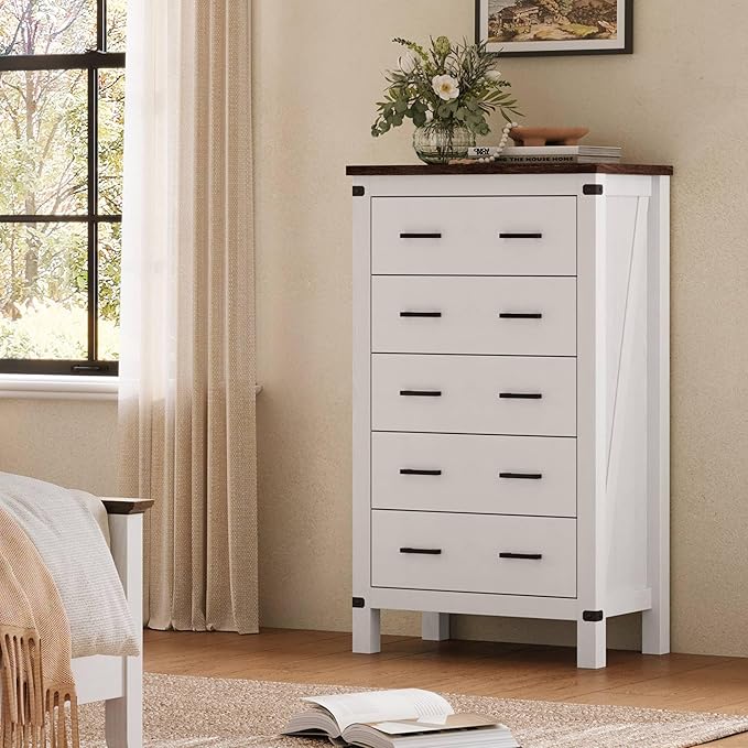 LINSY HOME Farmhouse 5 Drawer Dresser for Bedroom, 46” Tall Rustic Wood Chest with Deep Drawers, Modern Dressers with Spacious Storage and Metal Handles for Closet, Living Room, Hallway, Off White